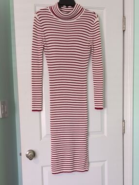 Trendyol Maroon and White Striped Ribbed Turtleneck Midi Dress